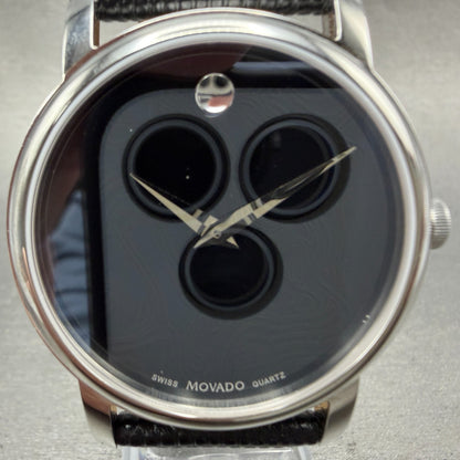 Movado Museum Watch Men 39mm Black Dial Steel Round Leather 2100002 New Battery21