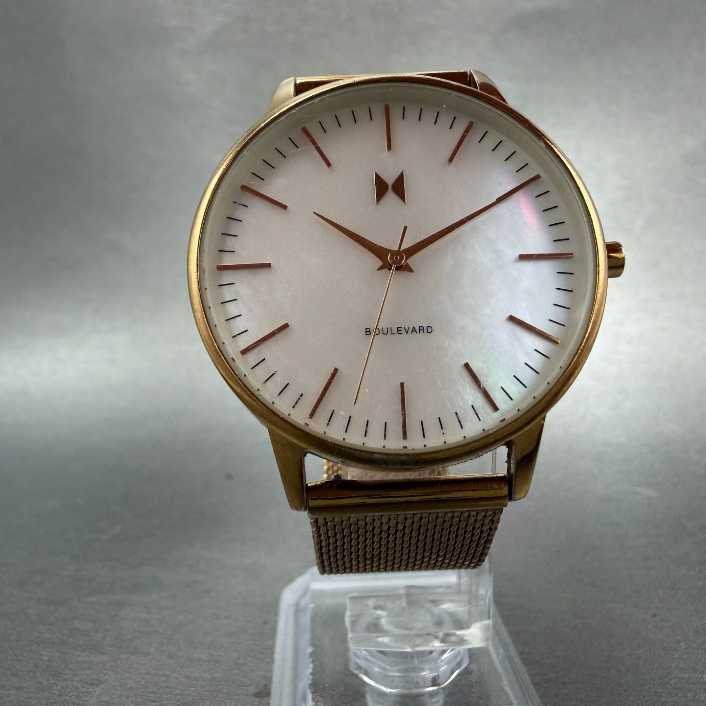 MVMT Boulevard Watch Women 38mm MOP Dial Rose Gold Tone Mesh Band New BatteryLK5