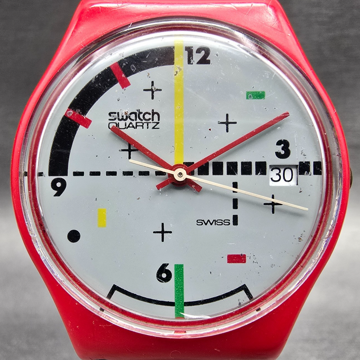 Swatch Compu-Tech Watch Men 34mm Gray Dial Red Case Date GR401 New Battery1