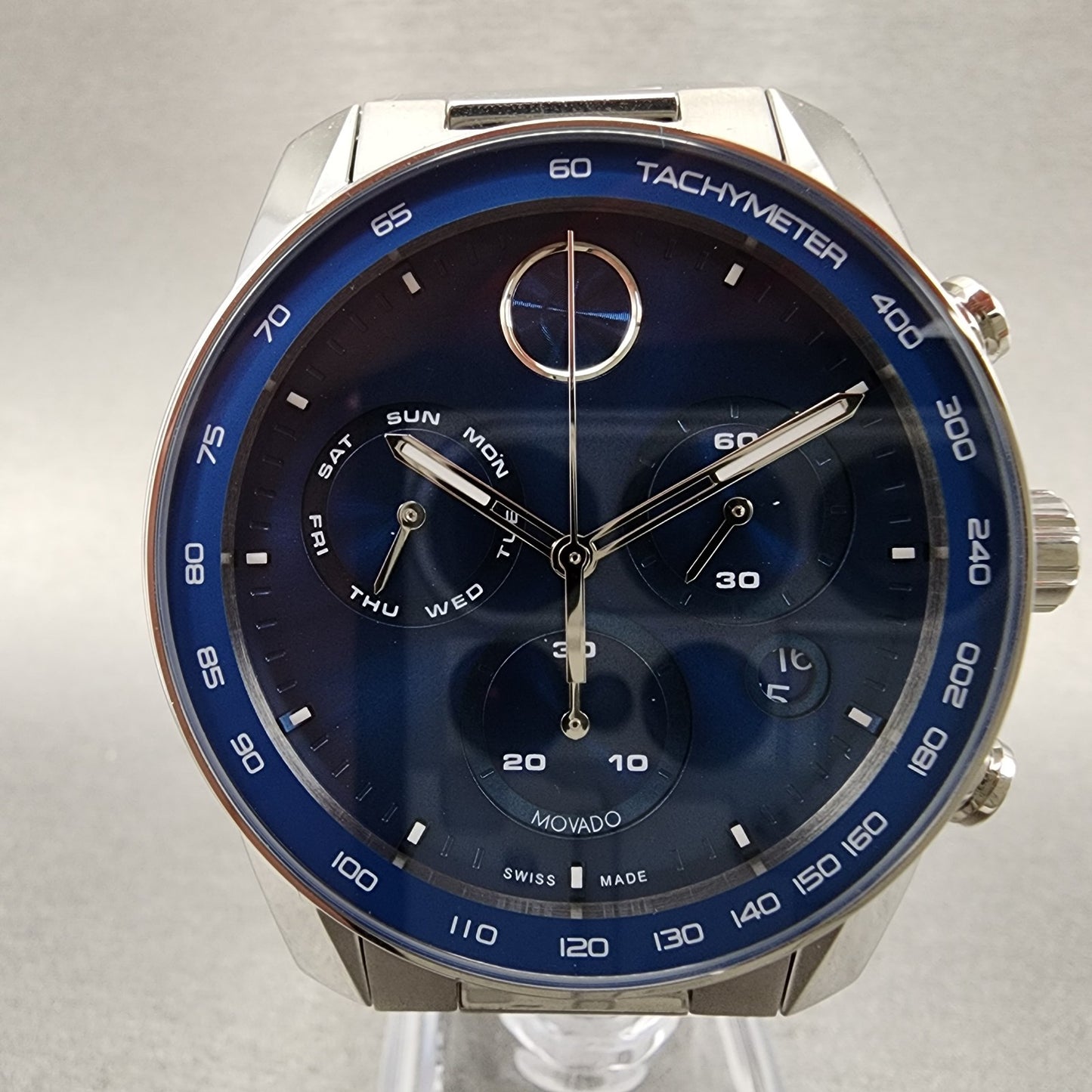 Movado Bold Verso Chronograph Watch Men 44mm Blue Dial Steel Date READ!! 36008651