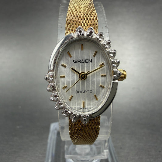 Gruen Watch Women 16mm White Dial Gold Tone Oval Diamond Bezel New Battery ABC0