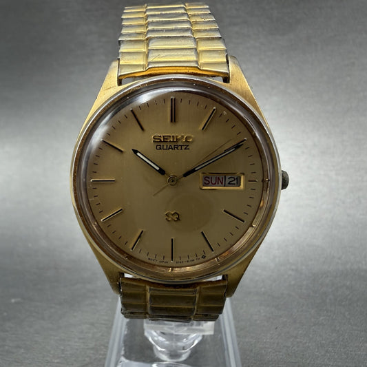 Seiko SQ Watch Men 35mm Champagne Dial Gold Tone Daydate 5y23-8049 New Battery 90