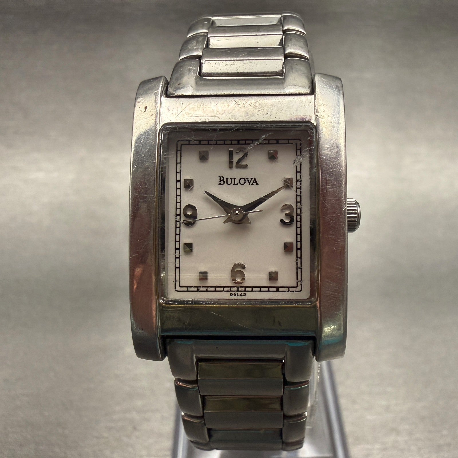 Bulova Tank Watch Women 21mm White Dial Silver Tone Rectangle 96L42 New Battery0