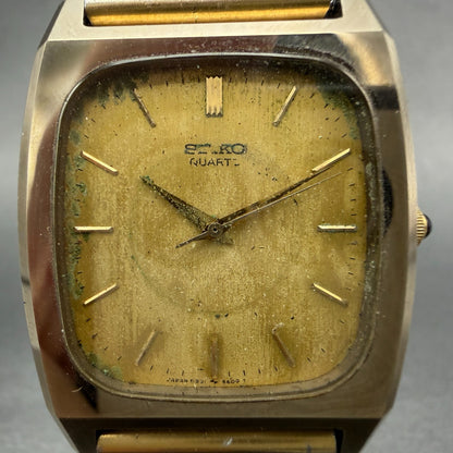 Seiko Tank Watch Men 30mm Gold Dial Gold Tone Rectangle 5931-5341 New Battery1