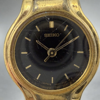 Seiko Watch Women 19mm Black Dial Gold Tone Round V401-0289 New Battery UIVCFDX1