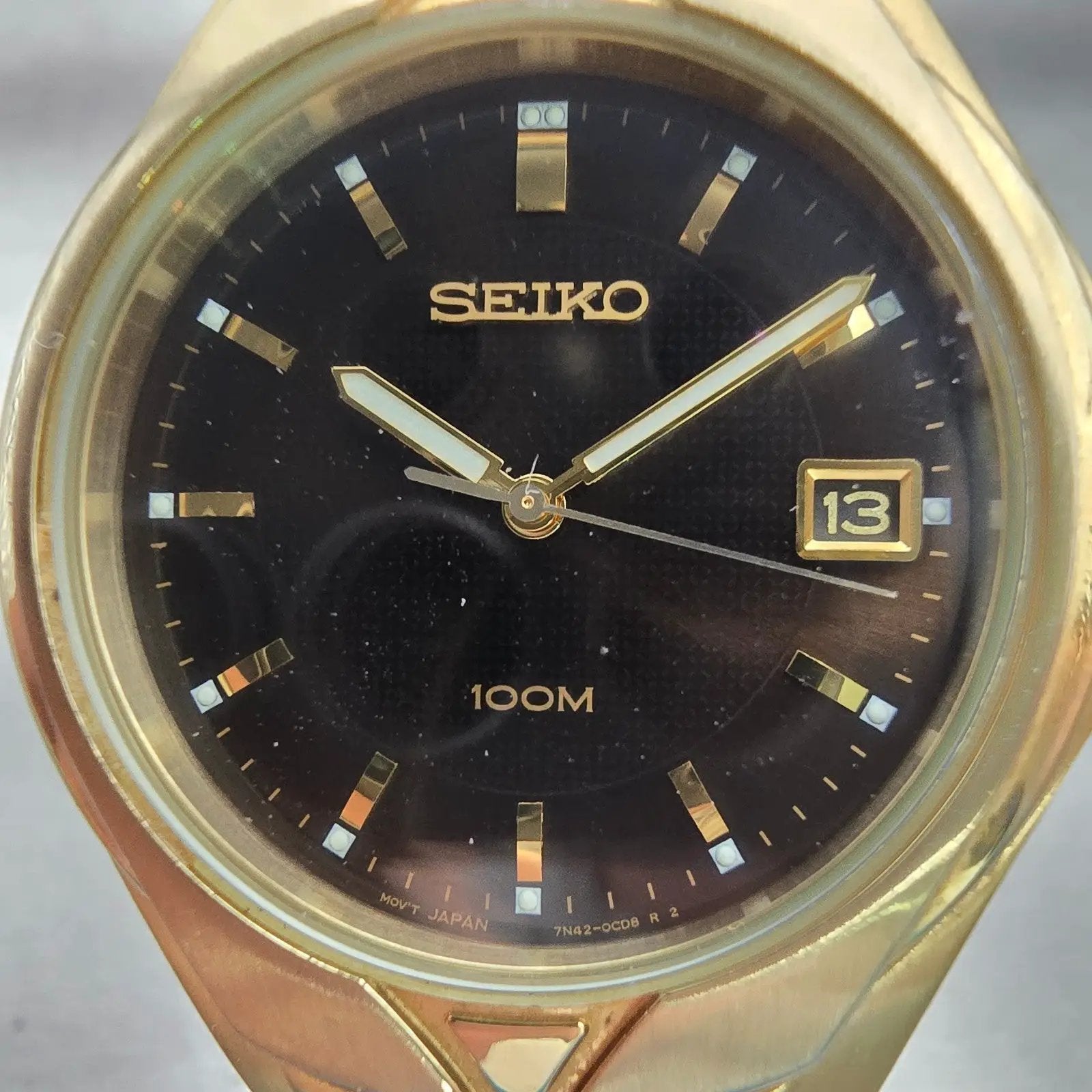 Seiko Watch Men 37mm Black Dial Gold Tone Date Round 7N42-0BC0 New Battery VTG1