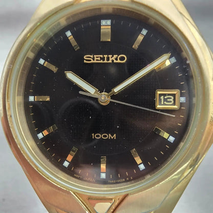 Seiko Watch Men 37mm Black Dial Gold Tone Date Round 7N42-0BC0 New Battery VTG1