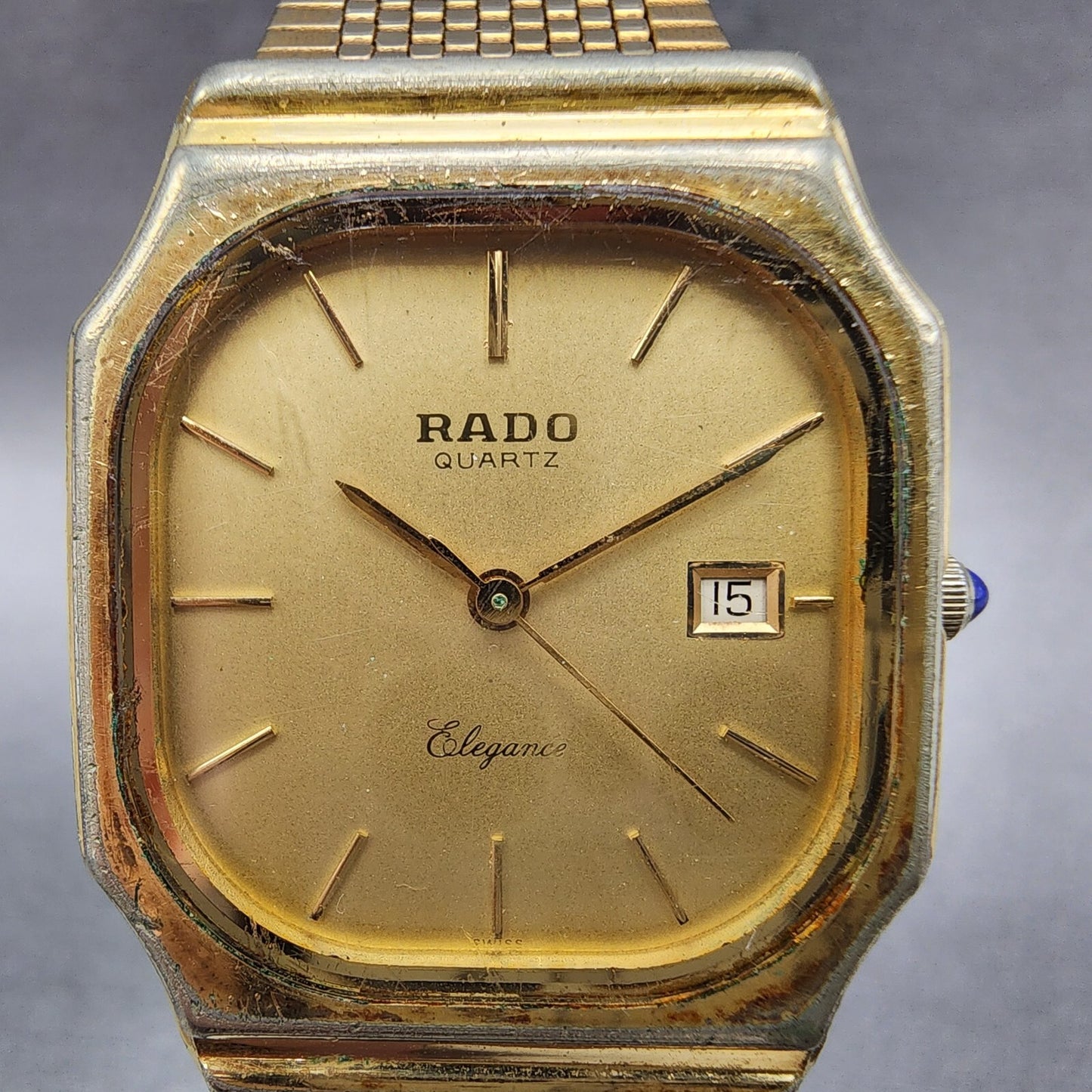 Rado Elegance Watch Men 28mm Gold Dial Gold Tone Date Octagon READ!!! New Batt1
