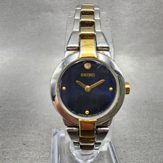 Seiko Watch Women 20mm Blue Dial Two Tone Round Vintage 1N000GM0 New Battery0