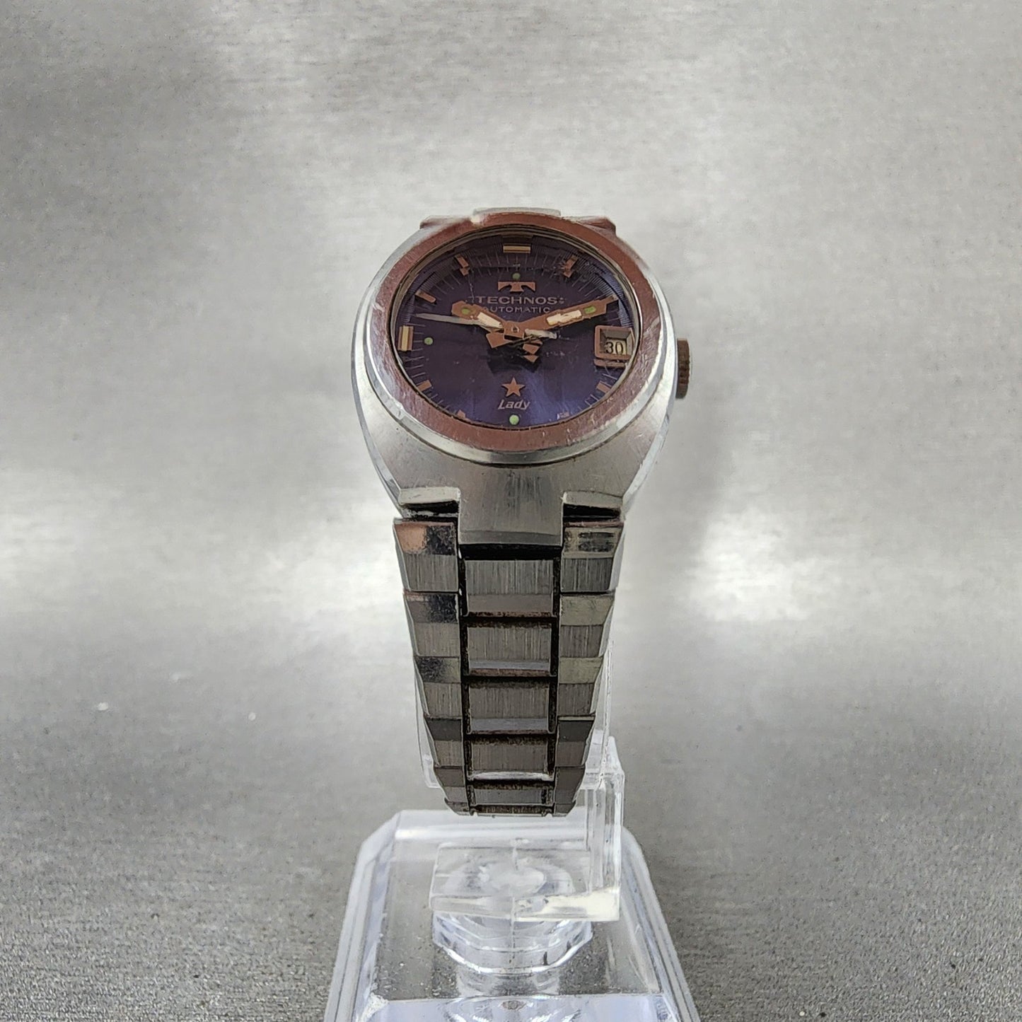 Technos Star Watch Women 24mm Blue Dial Silver Tone Date Automatic Runs VTG5