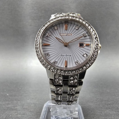 Eco-Drive Silhouette Crystal Watch Women 28mm White Dial Silver Date EW2340-58A5