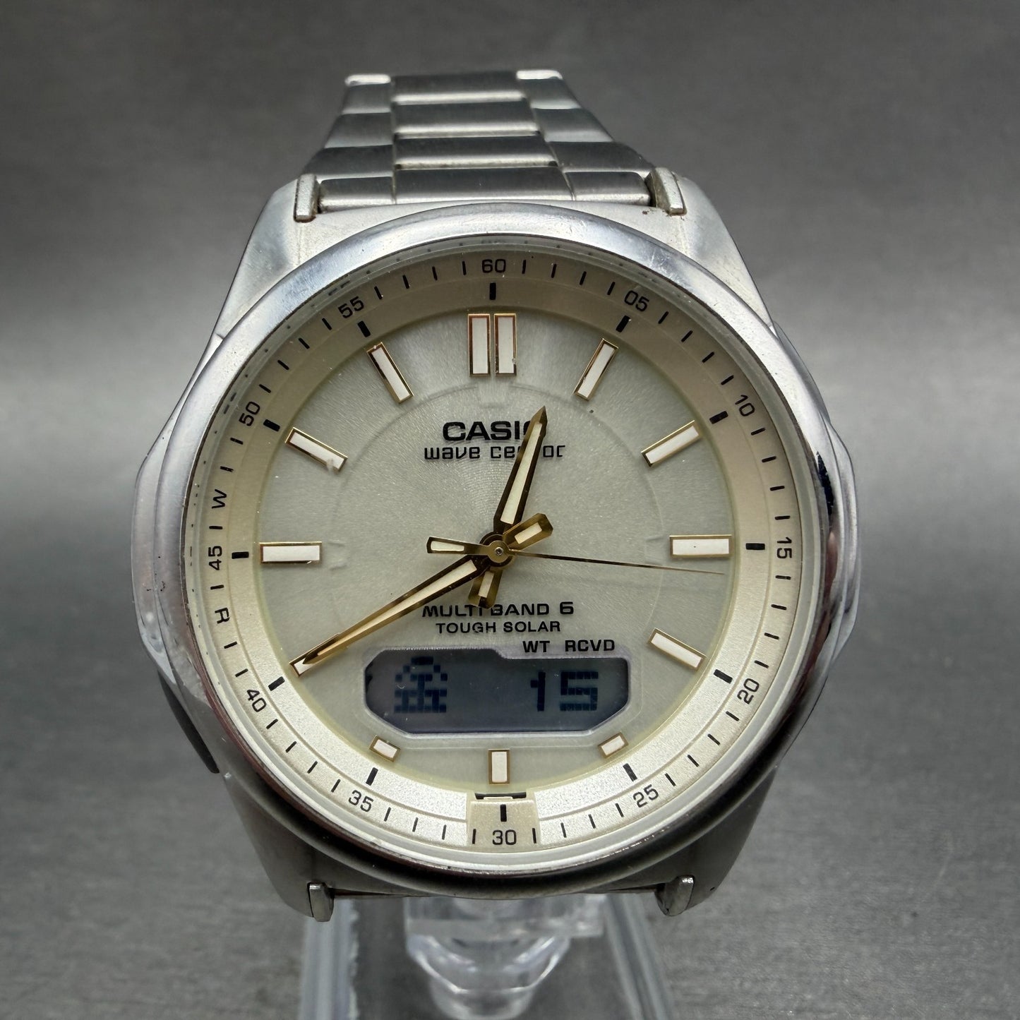 Casio Wave Ceptor Watch Men 42mm Cream Dial Steel Solar Analog Digital Works OPT0