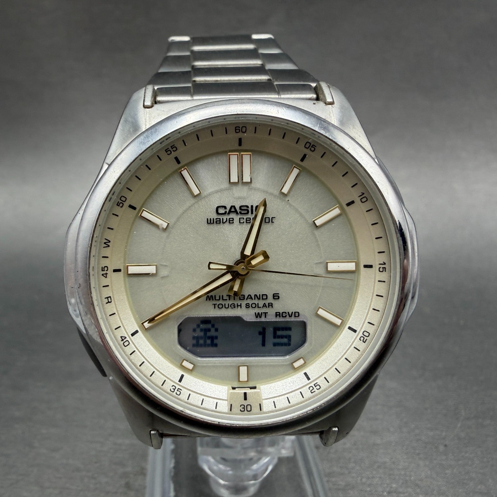 Casio Wave Ceptor Watch Men 42mm Cream Dial Steel Solar Analog Digital Works OPT0