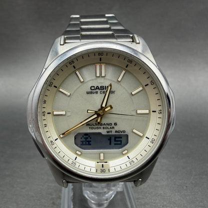 Casio Wave Ceptor Watch Men 42mm Cream Dial Steel Solar Analog Digital Works OPT0