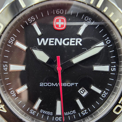 Wenger Dive Watch Men 43mm Black Dial Silver Tone Date 0641.10 New Battery1