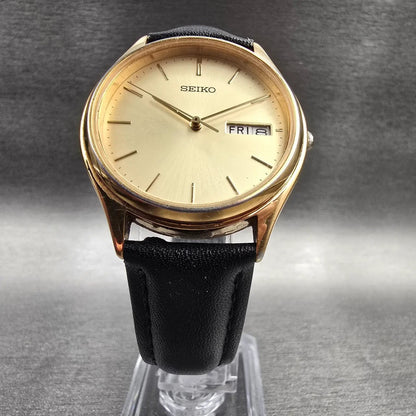 Seiko Watch Men 35mm Champagne Dial Gold Tone Daydate Round 7N43-8A99 New Batt5