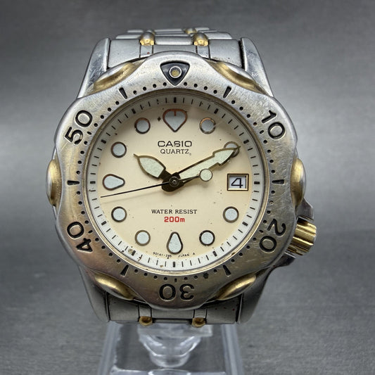 Casio Diver Watch Men 36mm Cream Dial Two Tone Date Round MDP-823 New Battery0