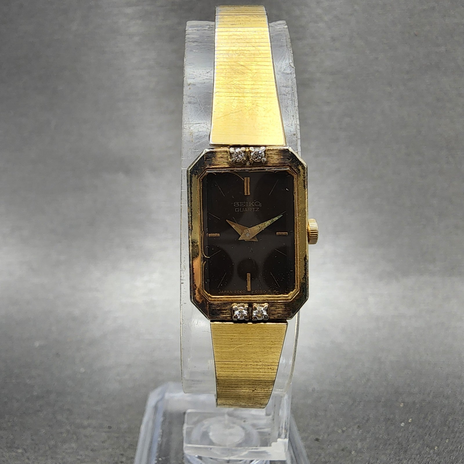 Seiko Tank Watch Women 14mm Brown Dial Gold Tone Rectangle 2e205099 New Battery0