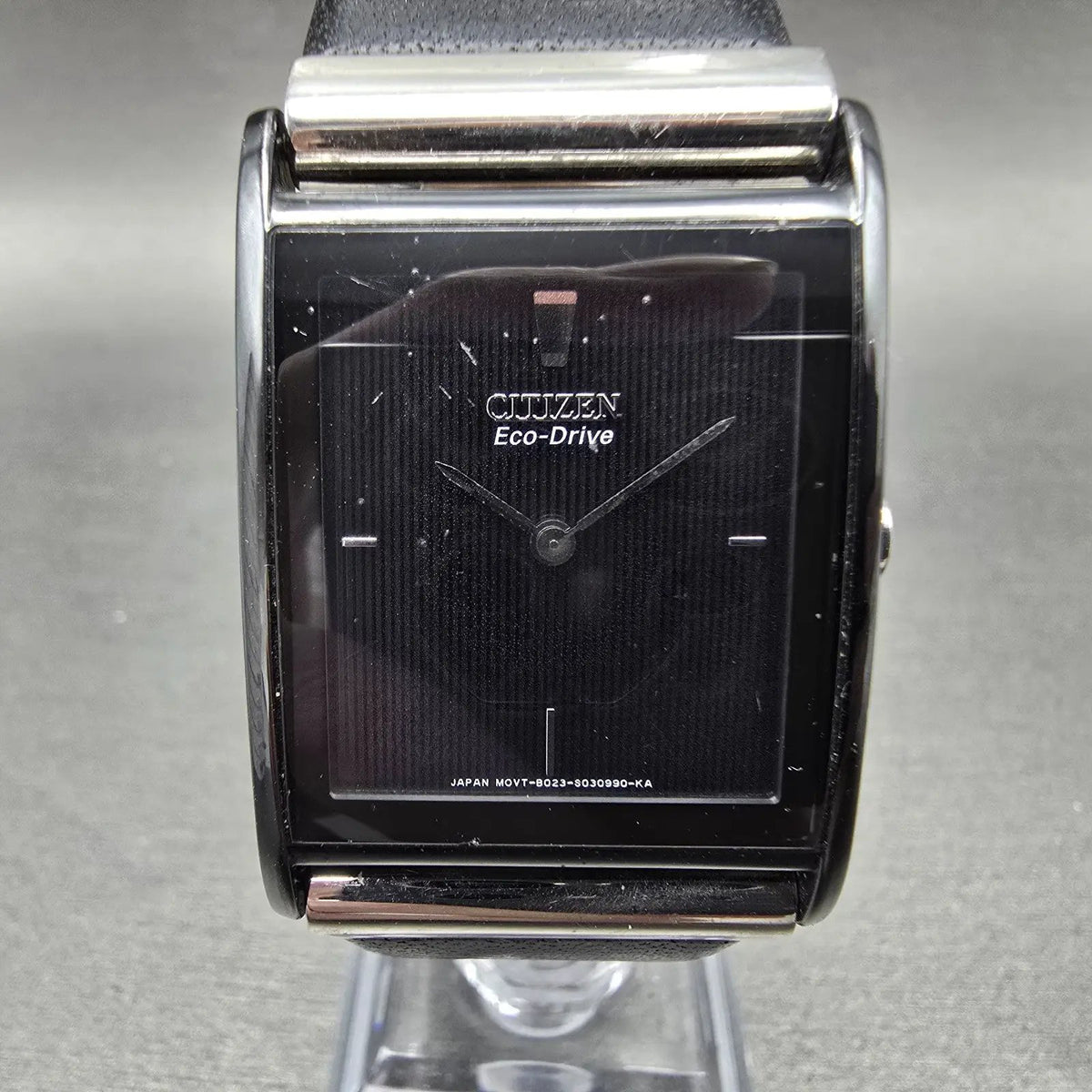 Citizen Eco-Drive Tank Watch Men 26mm Black Dial Black Tone Leather Band Runs JP0