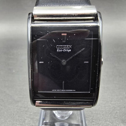Citizen Eco-Drive Tank Watch Men 26mm Black Dial Black Tone Leather Band Runs JP0