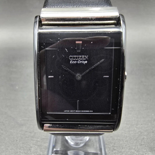 Citizen Eco-Drive Tank Watch Men 26mm Black Dial Black Tone Leather Band Runs JP0