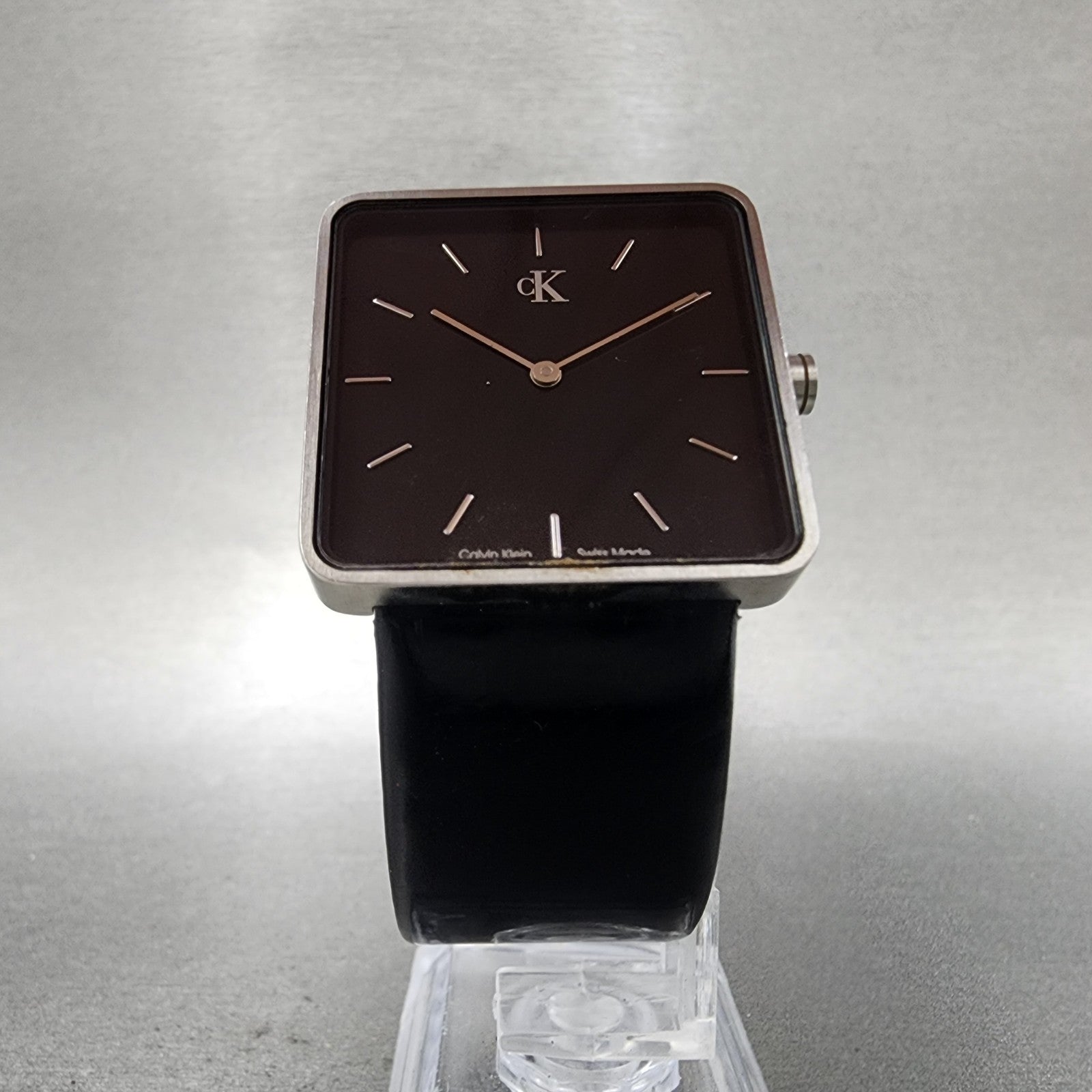 Calvin Klein Watch Women 30mm Black Dial Silver Tone Square Leather New Battery5