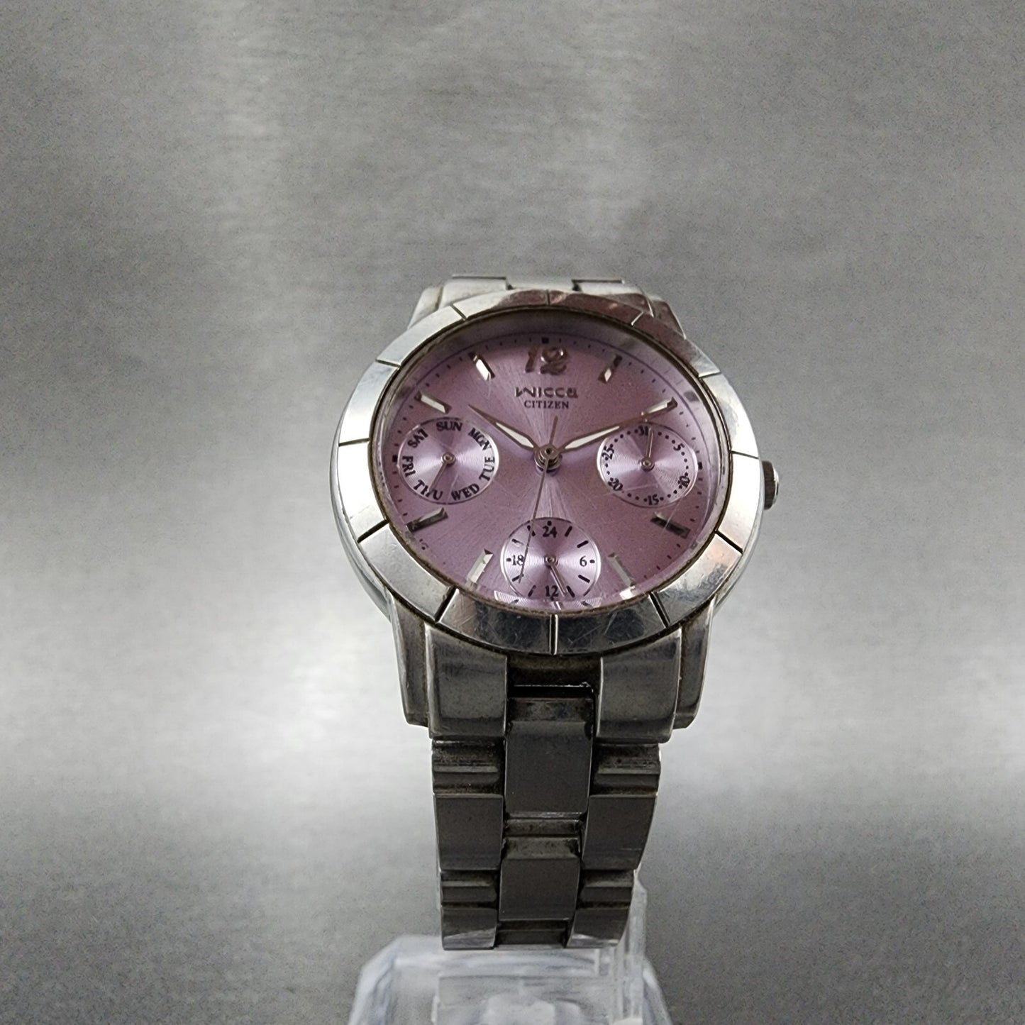 Citizen Wicca Watch Women 30mm Purple Dial Silver Tone Daydate Round New Batt5