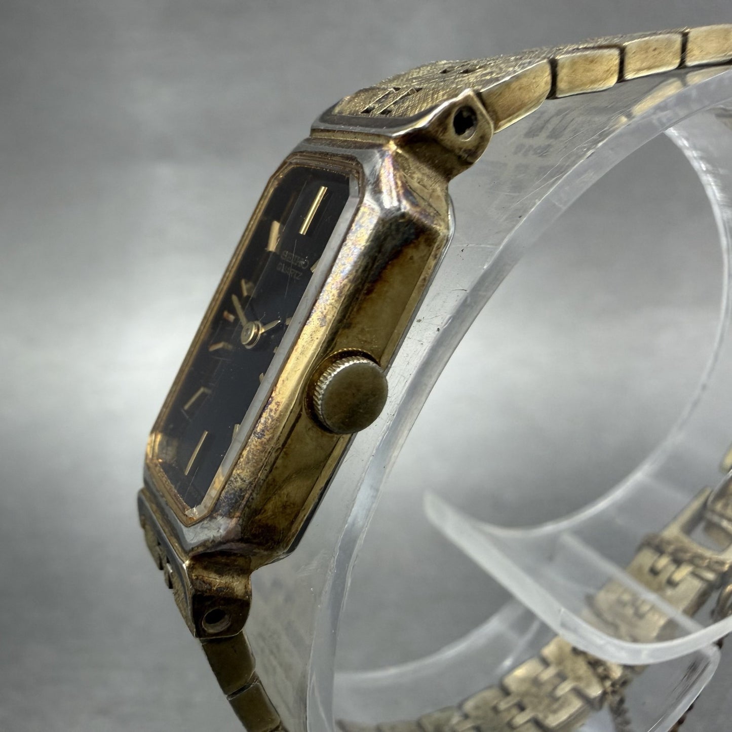 Seiko Tank Watch Women 13mm Black Dial Gold Tone Rectangle 13205649 New Battery2