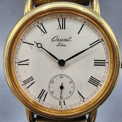 Orient Watch Men 31mm Cream Dial Gold Tone Round H9354060 New Battery VTG1