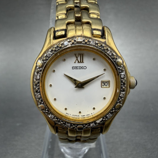 Seiko Watch Women 26mm White Dial Gold Tone Date Round 7N89-0449 New Battery0