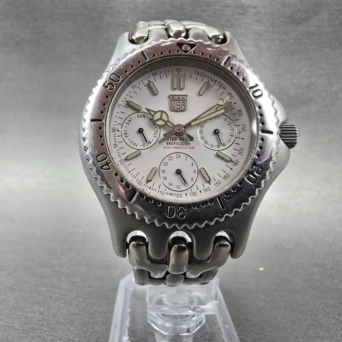 Elgin Watch Men 38mm White Dial Silver Tone Round Daydate FK-666 New Battery JDM5