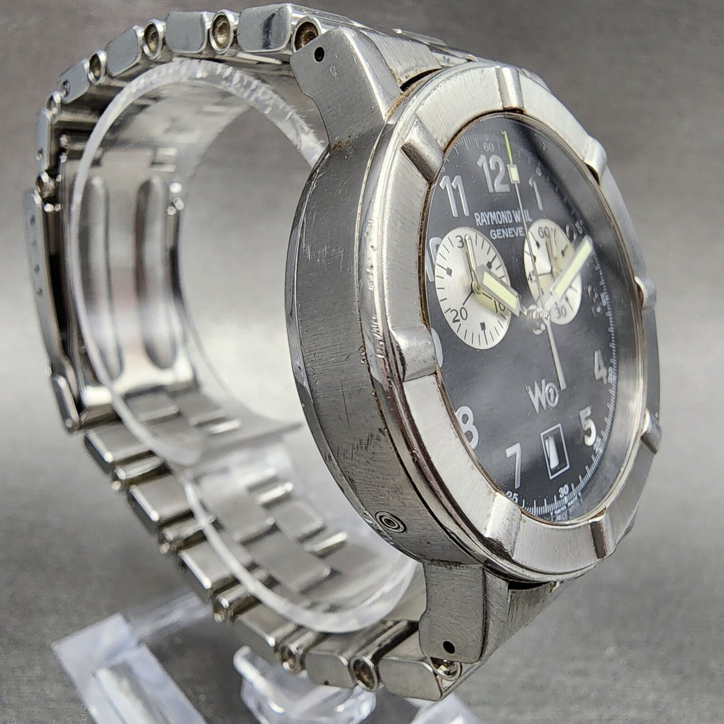 Raymond Weil W1 Chronograph Watch Men 38mm Black Dial Steel Date Round New Batt