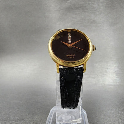 Benrus Watch Women 24mm Black Dial Gold Tone Round Diamond Accents New Battery5