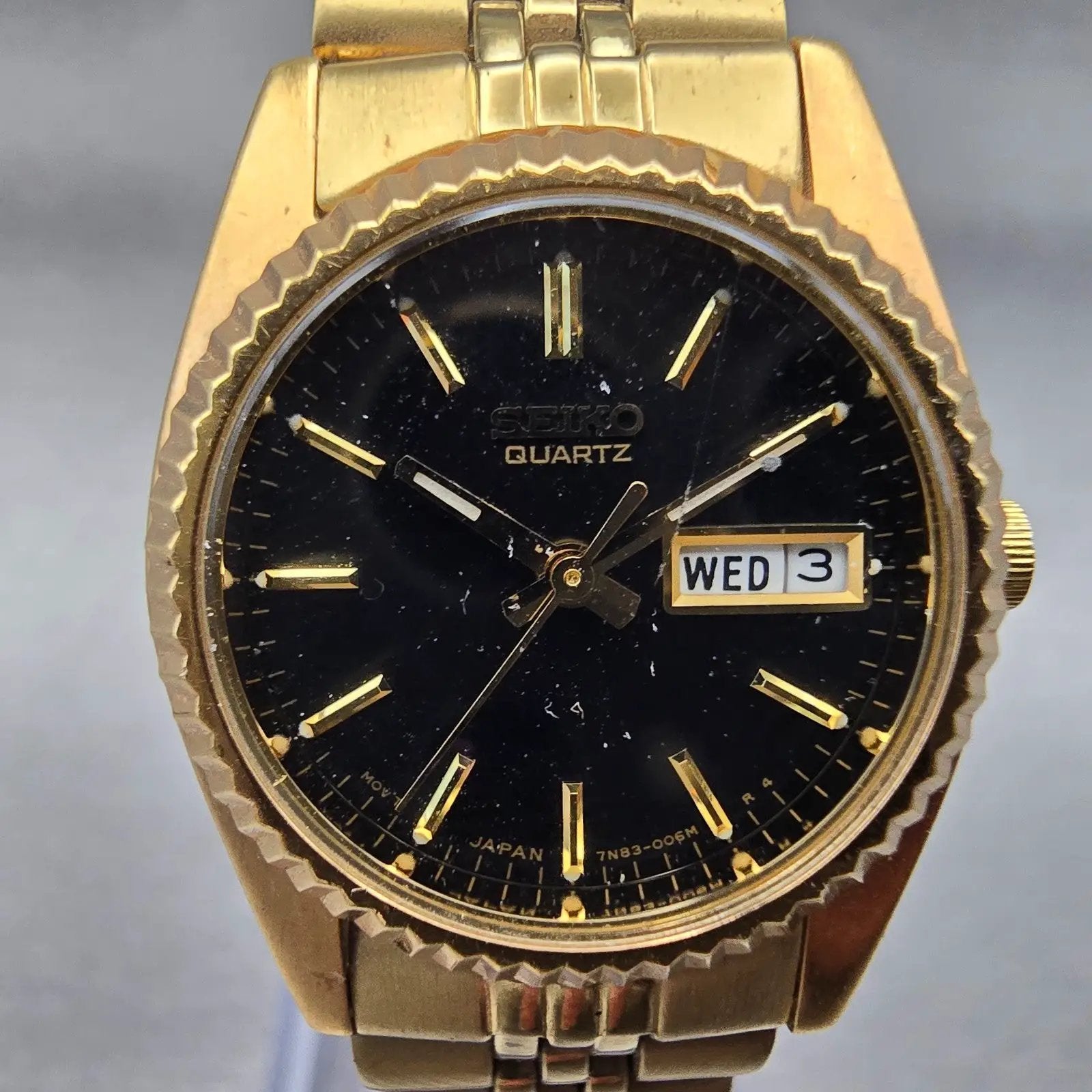 Seiko President Watch Women 24mm Black Dial Gold Tone Daydate 7N83-0041 New Batt1