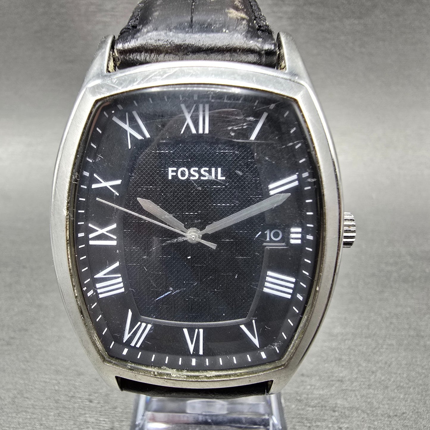 Fossil Tank Watch Men 38mm Black Dial Silver Tone Date FS4742 New Battery0