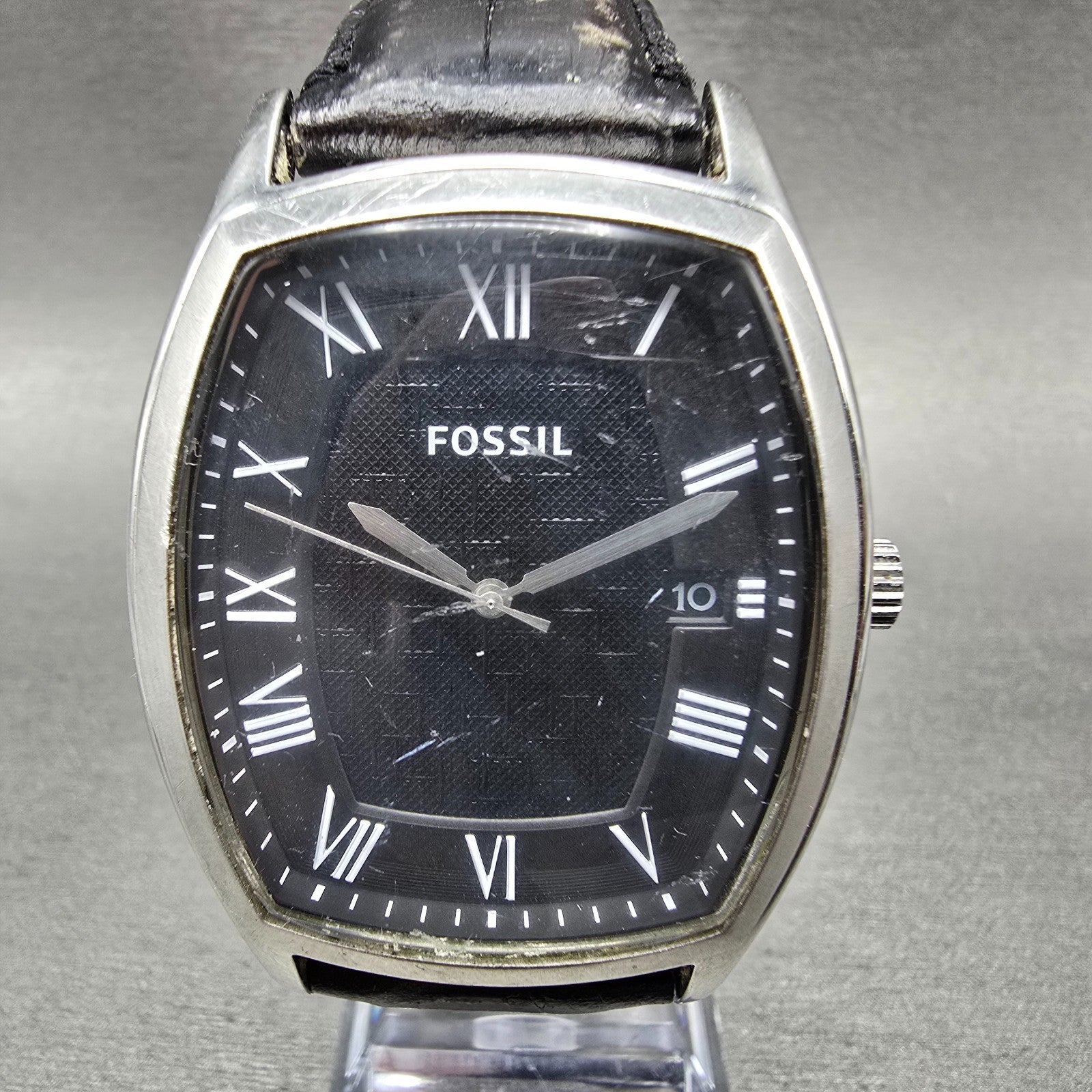 Fossil Tank Watch Men 38mm Black Dial Silver Tone Date FS4742 New Battery0