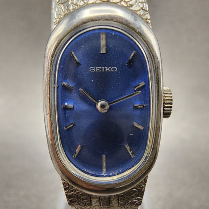 Seiko Watch Women 16mm Blue Dial Silver Tone Oval Manual Wind 118309 Runs VTG1