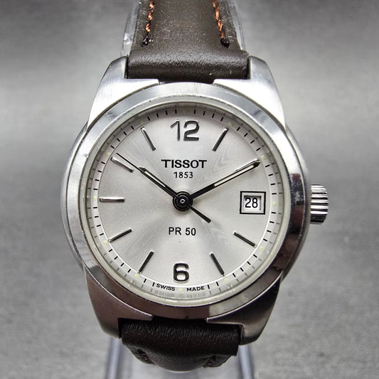 Tissot PR 50 Watch Women 25mm Silver Dial Steel Date Leather J326/426 New Batt0