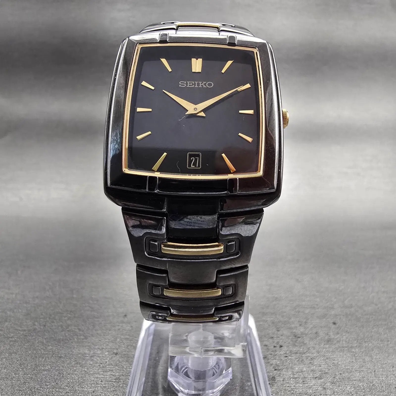 Seiko Tank Watch Men 30mm Black Dial Black Tone Date Rectangle 7N39-0AT0 NewBatt5