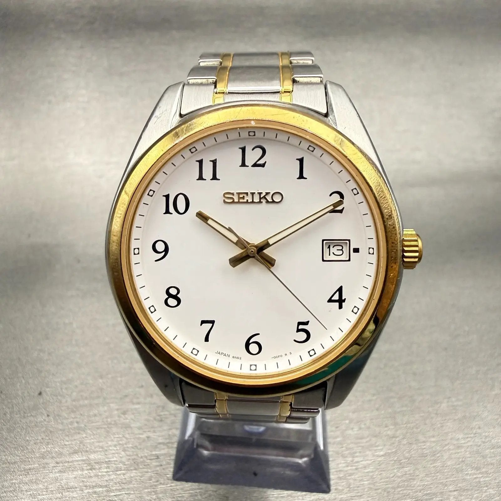 Seiko Watch Men 40mm White Dial Two Tone Date Round 6N52-00F0 New Battery VTG0