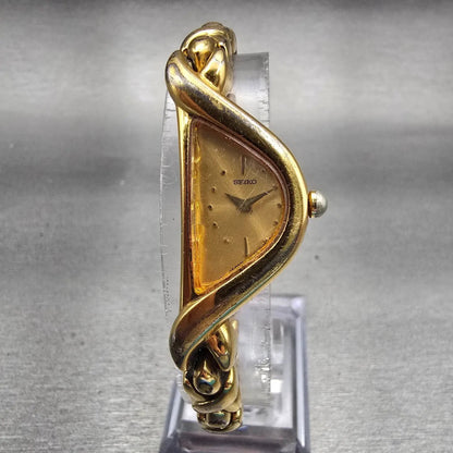 Seiko Half moon Watch Women 15mm Gold Dial Gold Asymmetrical 1F20-6C99 New Batt0