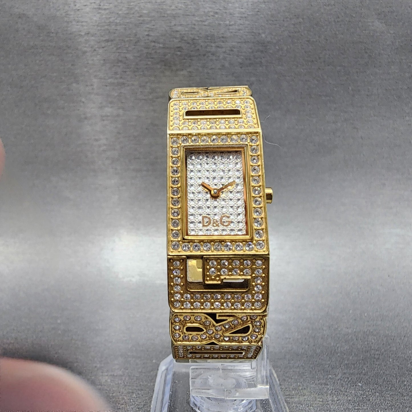 Dolce & Gabbana Tank Watch Women 17mm Silver Dial Gold Tone Rectangle New Batt5