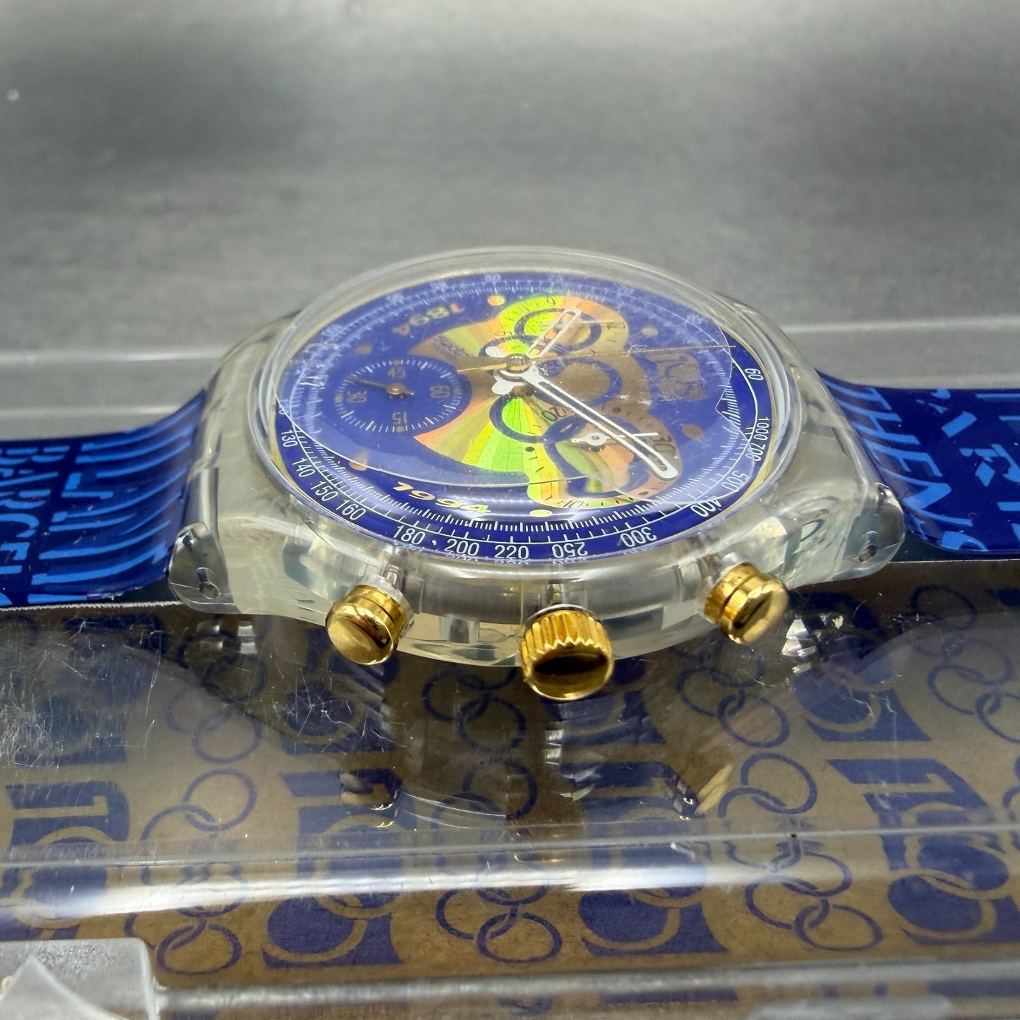 Swatch Chrono 100th Olympics Watch Men 37mm Blue Dial Clear SCZ101 NOS New batt3