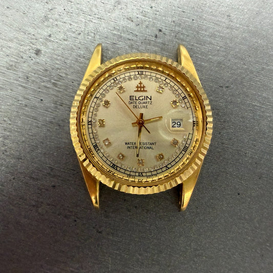 Elgin President Watch Men 35mm Gold Dial Gold Tone Date Round FK-329 PARTS0