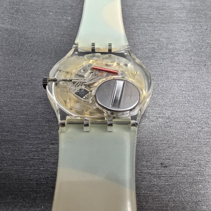 Swatch Kymata Watch Men 34mm Blue Dial Clear Case Round GE148 New Battery13
