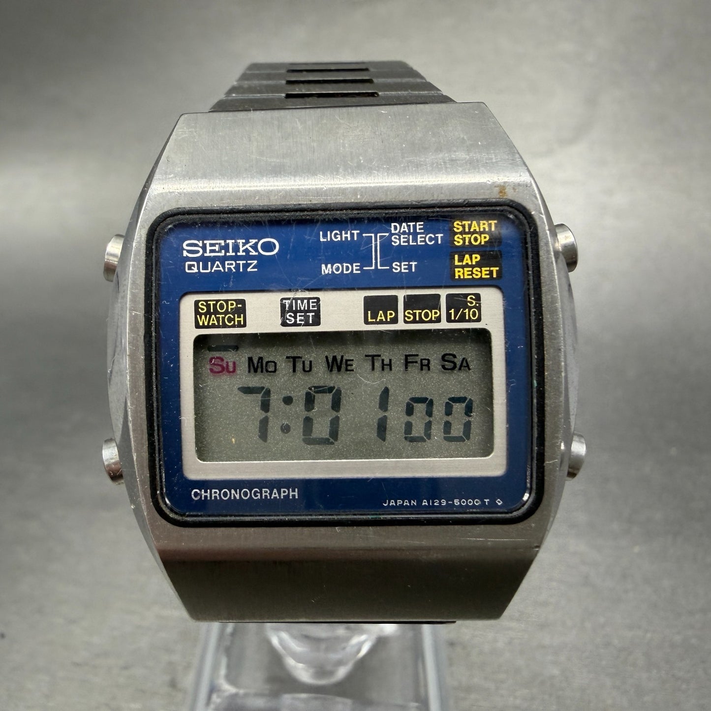 Seiko Digital Watch Men 34mm LCD Chronograph Steel Rectangle A129-5000 New batt0