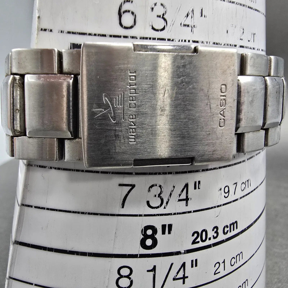 Casio Wave Ceptor Watch Men 43mm Gray Dial Silver Solar Alarm Daydate Runs JDM12