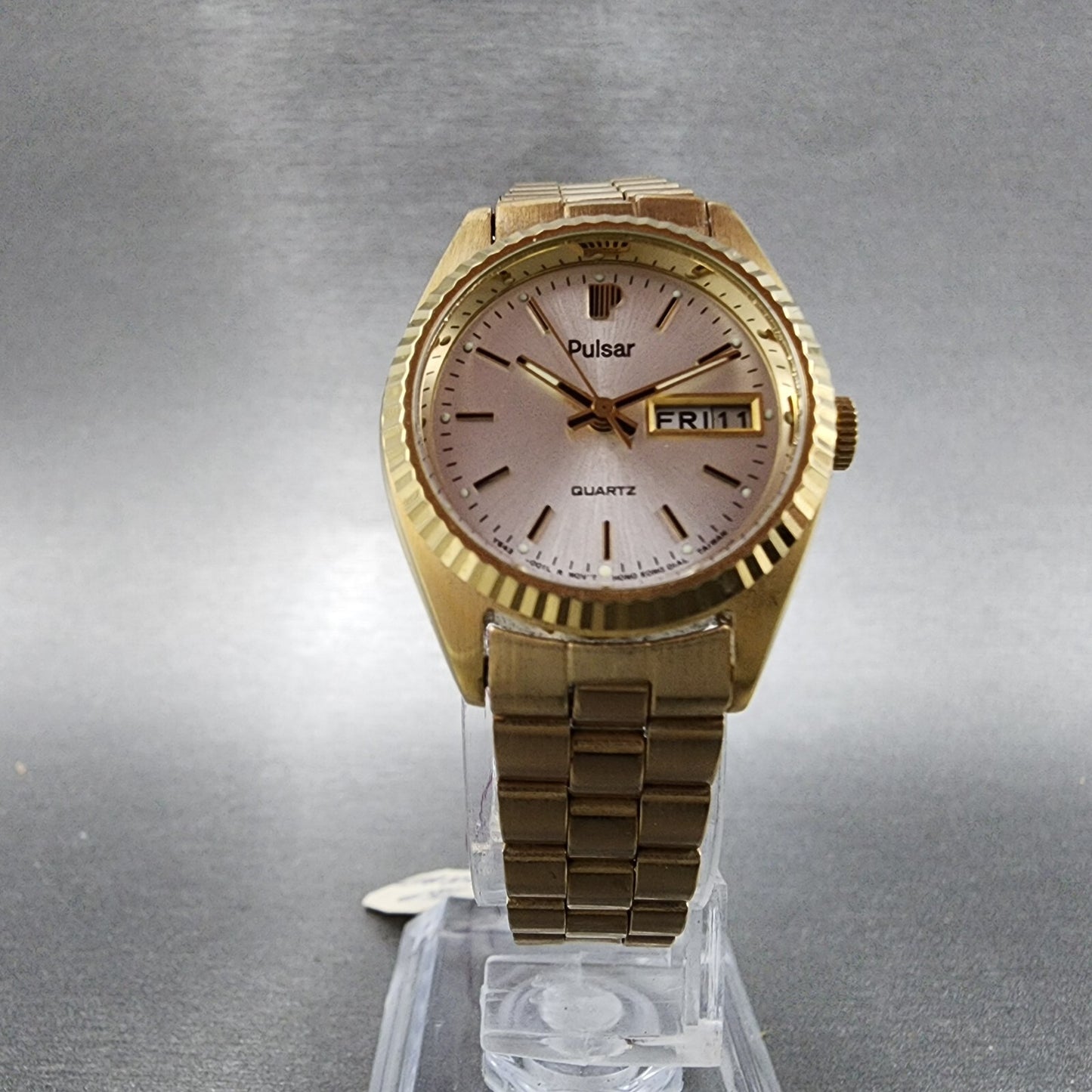 Pulsar President Watch Women 24mm Gold Dial Gold Tone Daydate Round New Batt NOS7