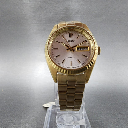 Pulsar President Watch Women 24mm Gold Dial Gold Tone Daydate Round New Batt NOS7