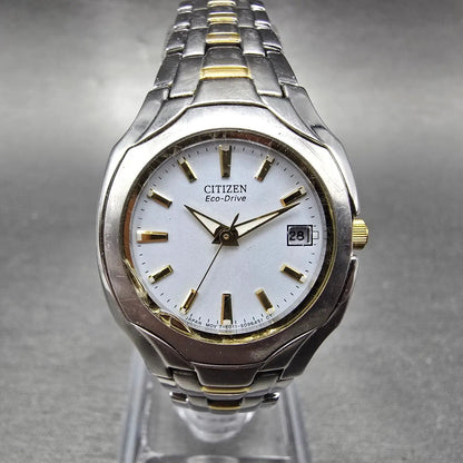 Citizen Eco-Drive Watch Women 25mm White Dial Two Tone Date Round E011 Works0
